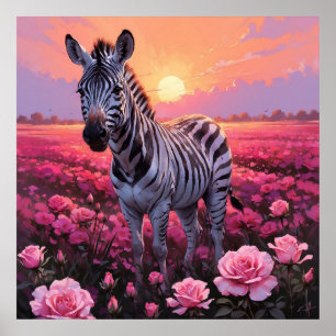 Vibrant Zebra in Pink Rose Field Painting Poster