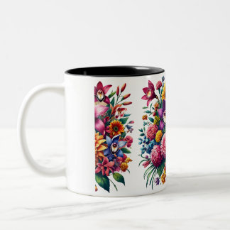 Vibrant Zinnias and Cosmos Floral Design Two-Tone Coffee Mug