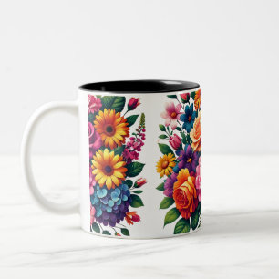 Vibrant Zinnias and Cosmos Floral Design Two-Tone Coffee Mug