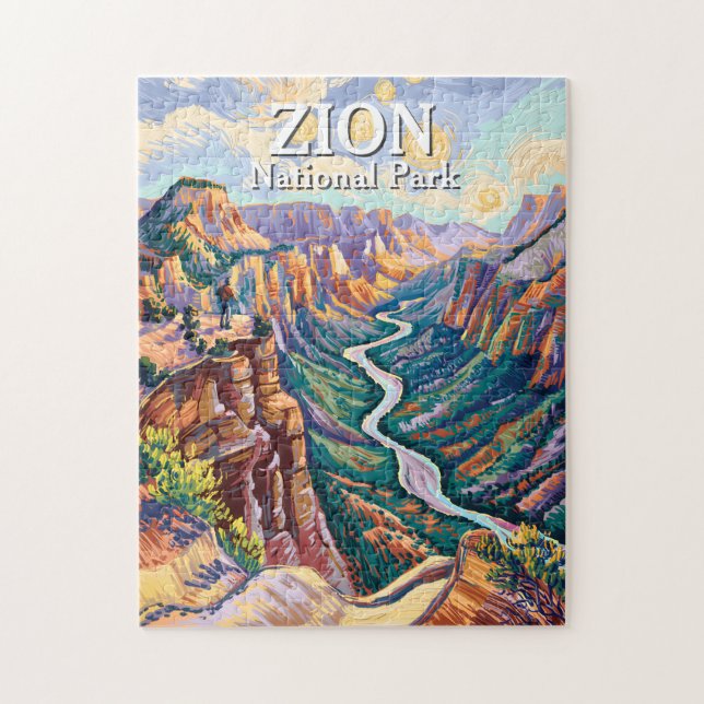 Vibrant Zion National Park Canyon River Hiking Art Jigsaw Puzzle (Vertical)