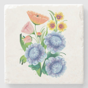 Vibrantly Coloured Folk Art Floral Stone Coaster