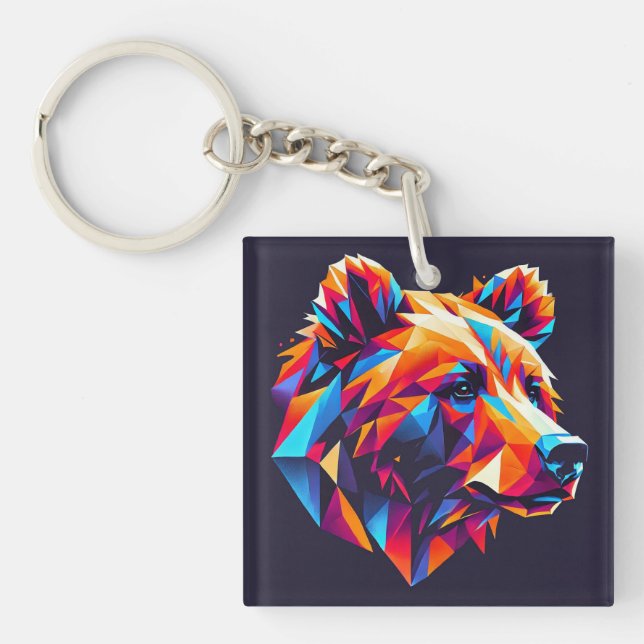 Vibrantly Coloured Geometric Bear Illustration Key Ring (Front)
