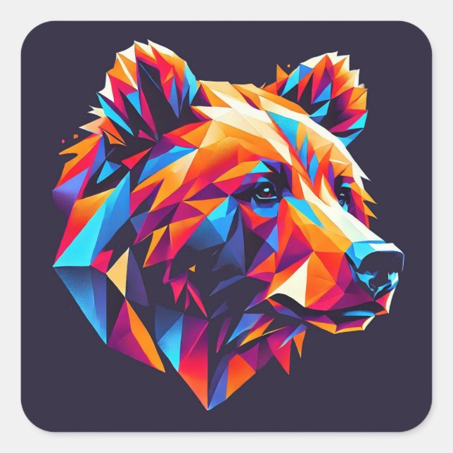 Vibrantly Coloured Geometric Bear Illustration Square Sticker (Front)