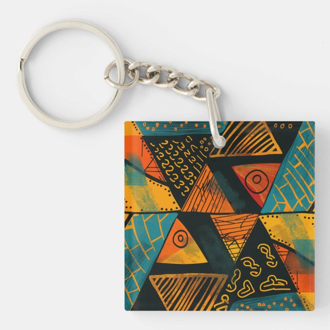 Vibrantly colourful triangles with tribal patterns key ring (Front)