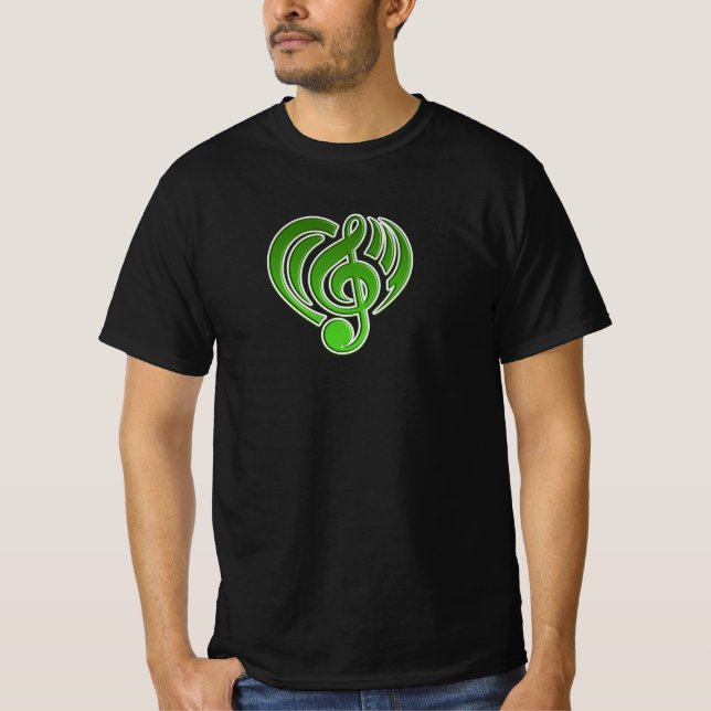 Vibrations Musical Love Green Heart Music Note DJ T-Shirt (Front)