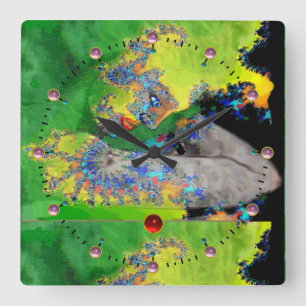 VIBRATIONS OF MATTER,LADY IN GREEN YELLOW FRACTALS SQUARE WALL CLOCK