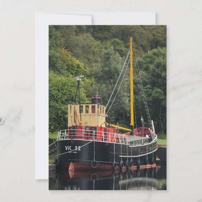 Vic32 Puffer Boat in Crinan Canal Basin, Scotland, Holiday Card (Front)