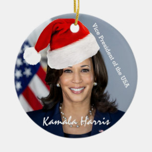 Vice President Kamala Harris  in Santa Hat  Ceramic Ornament