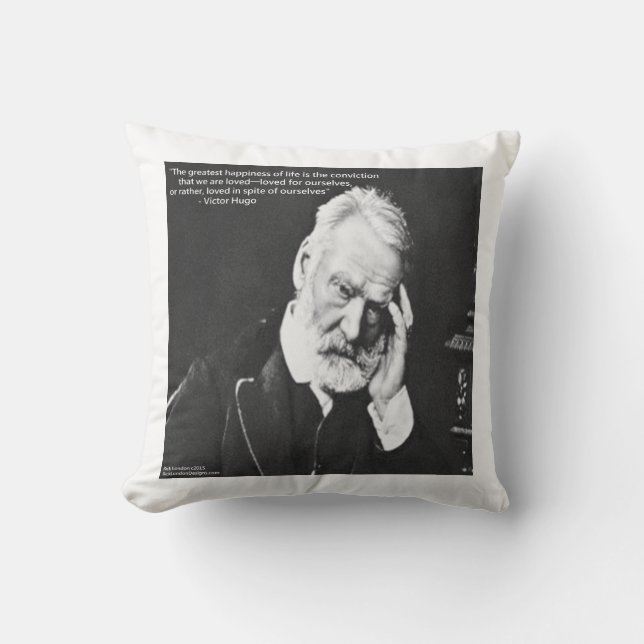 Victor Hugo & Happiness Quote Cotton Throw Pillow (Front)