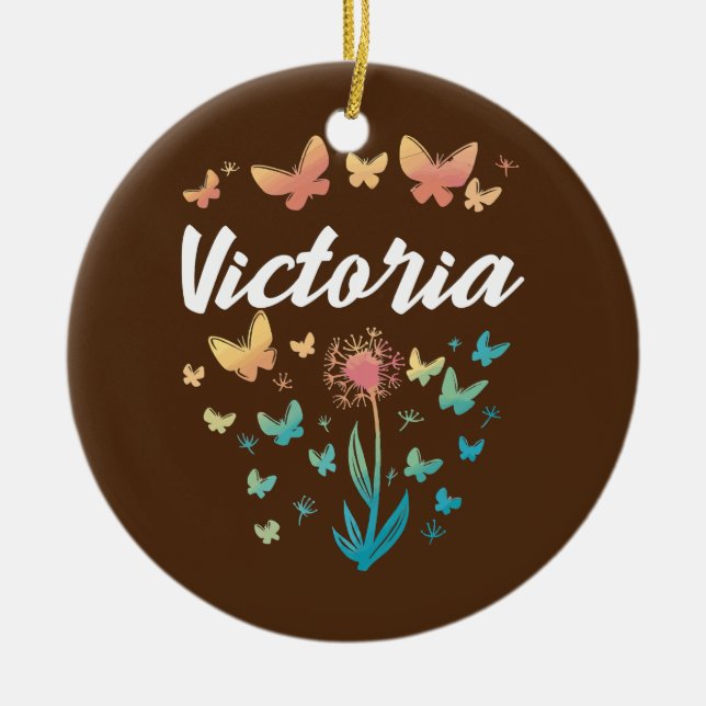 Victoria Birthday Sister Butterfly Dandelion Name Ceramic Ornament (Front)