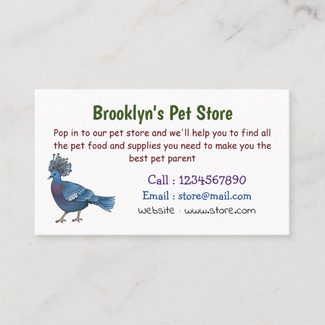 Victoria crowned pigeon bird cartoon illustration business card (Front)