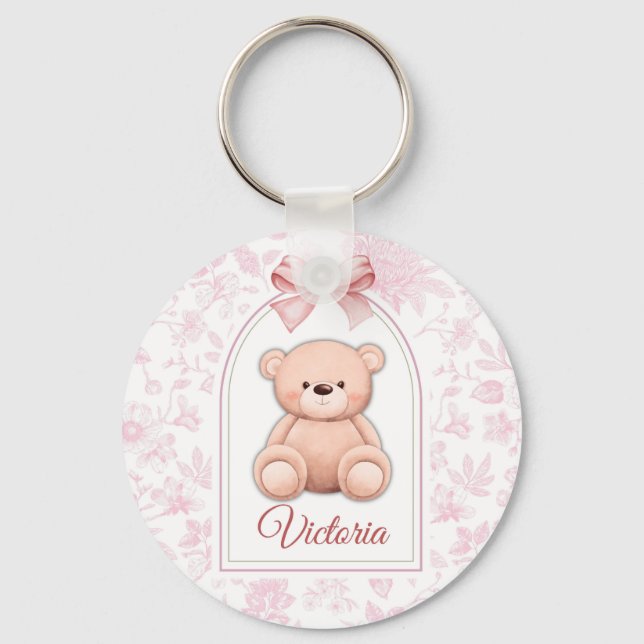 Victoria | Custom Pink Teddy Bear Nursery Design  Key Ring (Front)