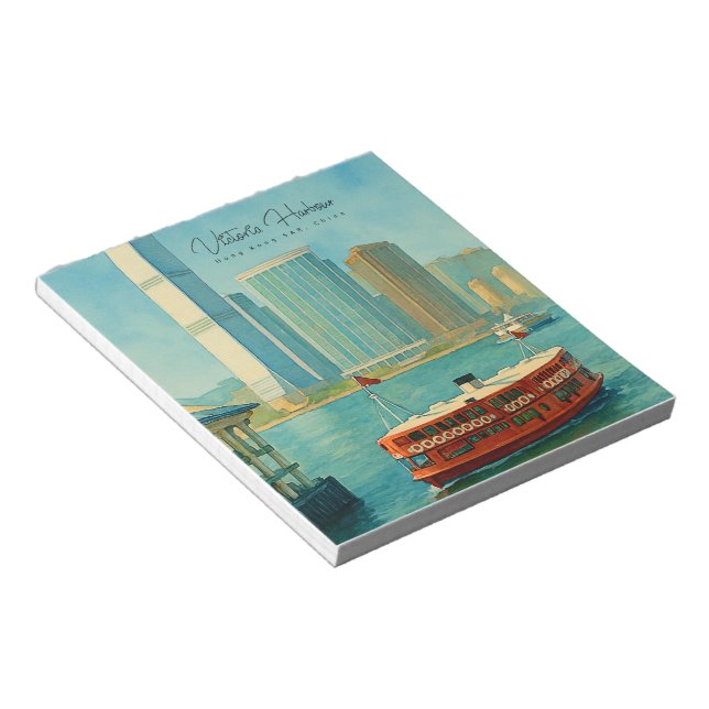 Victoria Harbour Hong Kong Retro Skyline Notepad (Angled)