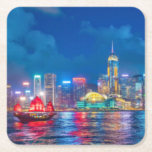 Victoria Harbour & Hong Kong Skyline at Night Square Paper Coaster