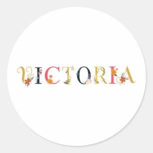 VICTORIA Name Art With Flowers Embroidered Classic Round Sticker