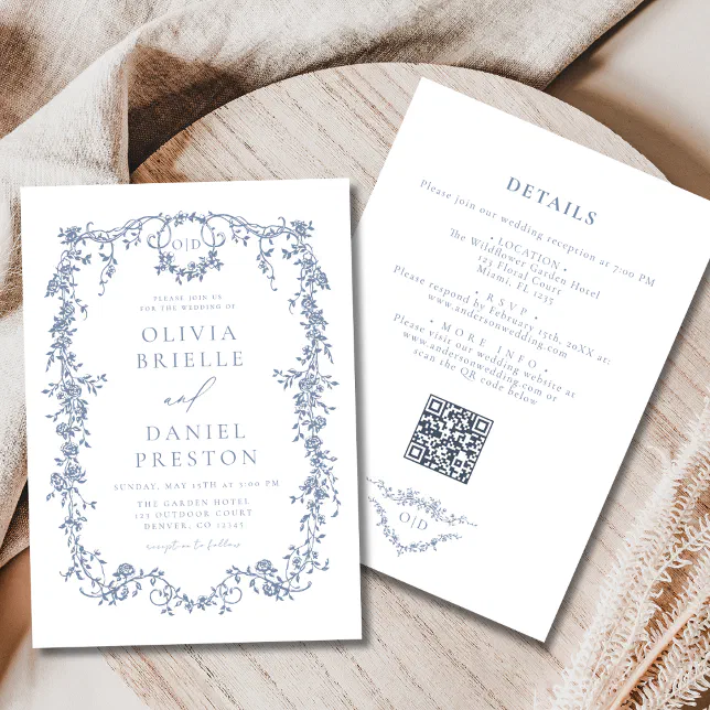 Victorian All In One Dusty Blue QR Code Wedding Invitation | Zazzle