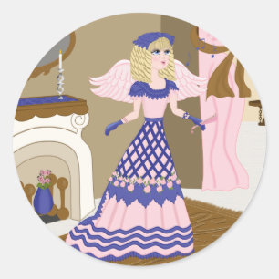 Victorian Angel Blue and Pink Singing by Fireplace Classic Round Sticker