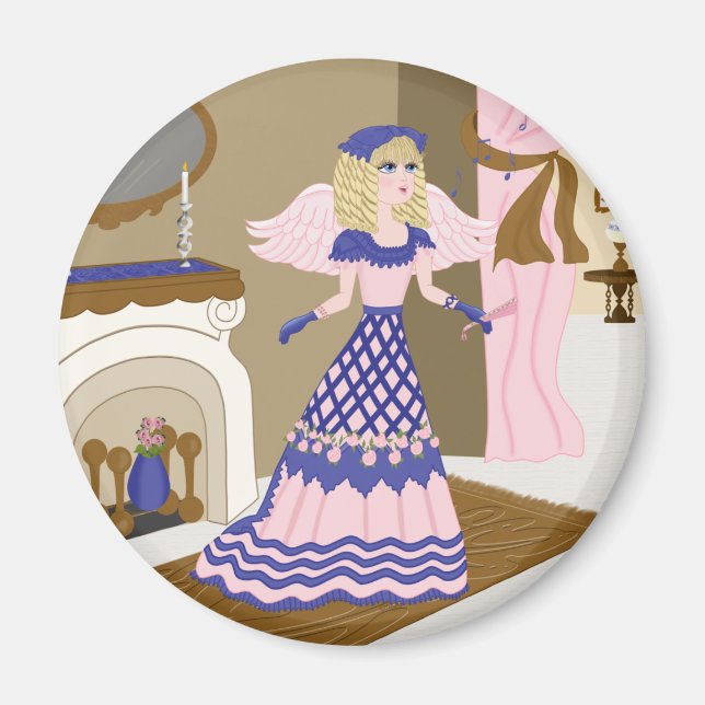 Victorian Angel Blue and Pink Singing by Fireplace Magnet (Front)