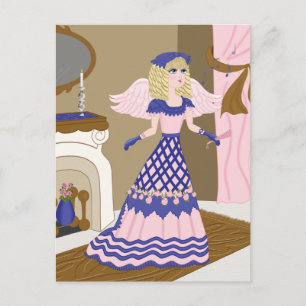 Victorian Angel Blue and Pink Singing by Fireplace Postcard