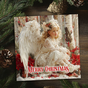 Victorian angel red poinsettias elegant holiday card