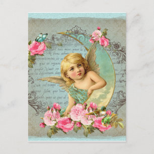 Victorian Angel vintage blue rose pink antique Postcard