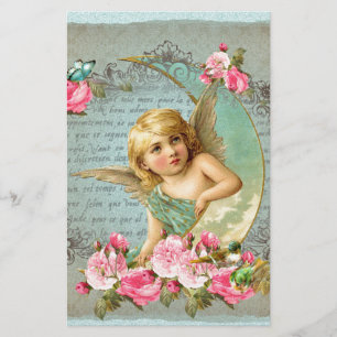 Victorian Angel vintage blue rose pink antique Stationery