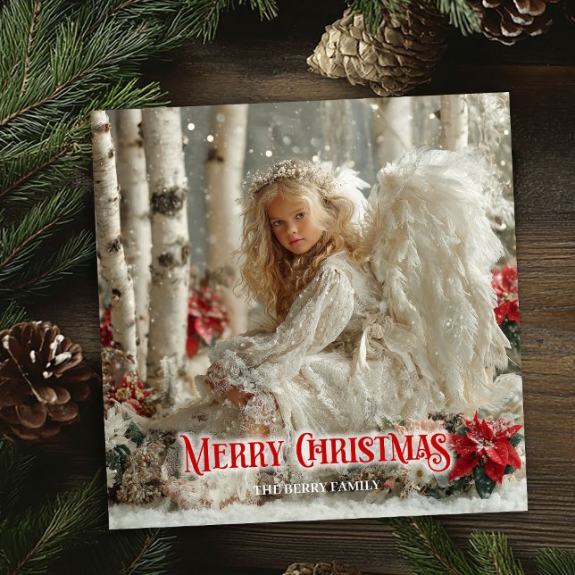Victorian angelic angel red poinsettias festive  holiday card (Victorian angelic angel red poinsettias festive card)