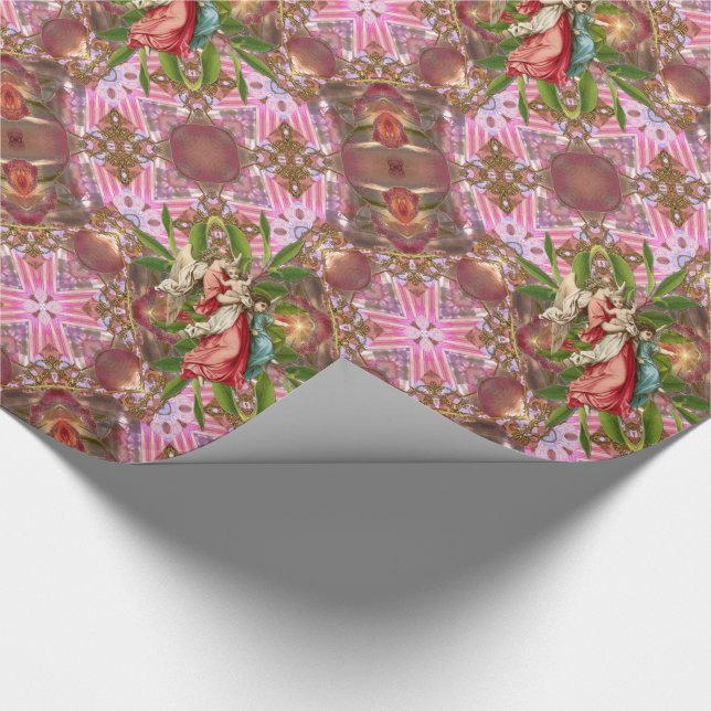 Victorian Angels Christmas Holly Pink Pattern Wrapping Paper (Corner)