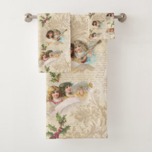 Victorian Angels w/Music, Script & Holly Bath Towel Set