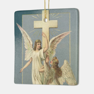 Victorian Angels with a Cross, Vintage Easter Ceramic Tree Decoration