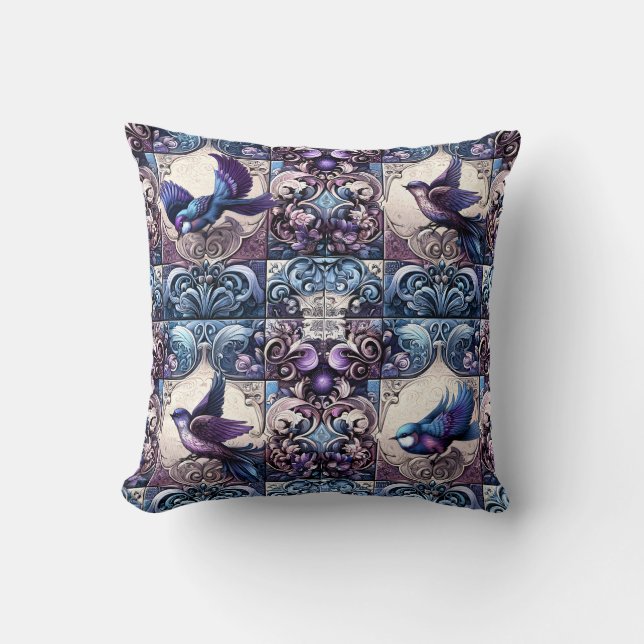 Victorian Aviary: A Purple Tile Garden Cushion (Front)