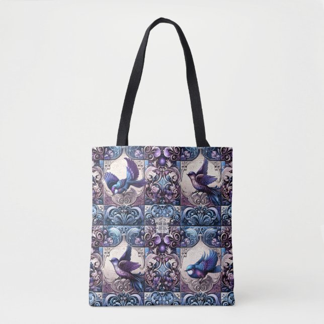 Victorian Aviary: A Purple Tile Garden Tote Bag (Front)