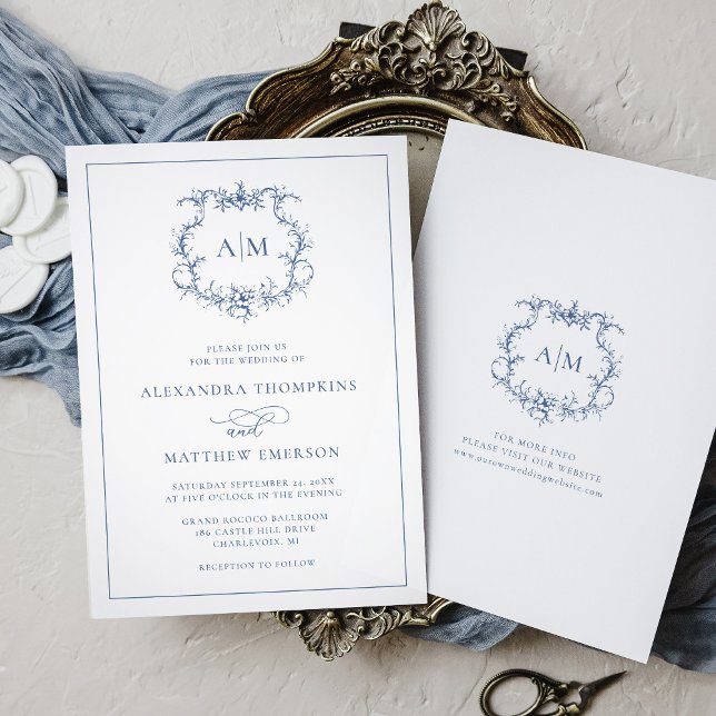 Victorian Baroque Floral Crest Blue Wedding  Invitation (Creator Uploaded)