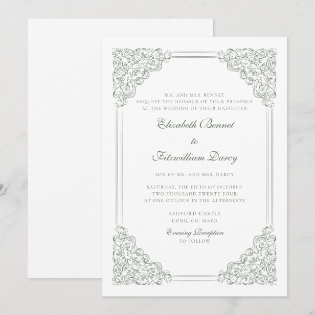 Victorian Baroque Muted Green Vintage Frame  Invitation (Front/Back)