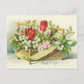 Victorian Basket Red Tulips & Lily of the Valley Postcard