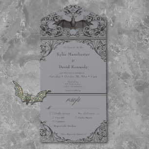 Victorian Bat Until Death Black & Grey Dinner All In One Invitation