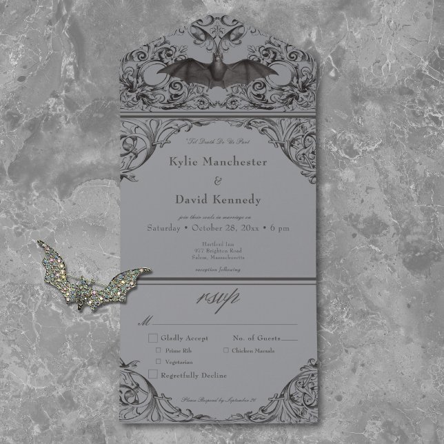 Victorian Bat Until Death Black & Grey Dinner All In One Invitation (Creator Uploaded)