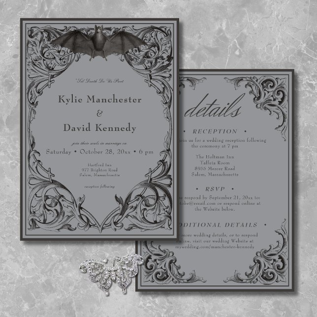 Victorian Bat Until Death Black & Grey Two Sided Invitation (Creator Uploaded)