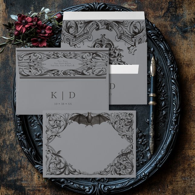 Victorian Bat Until Death Black & Grey Wedding Envelope (Creator Uploaded)