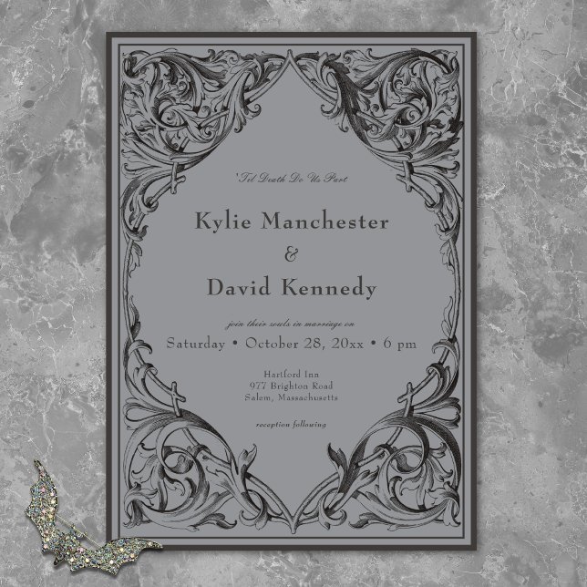 Victorian Bat Until Death Black & Grey Wedding Invitation (Creator Uploaded)