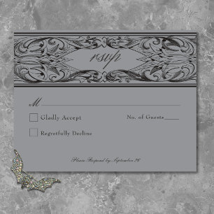 Victorian Bat Until Death Black & Grey Wedding RSVP Card