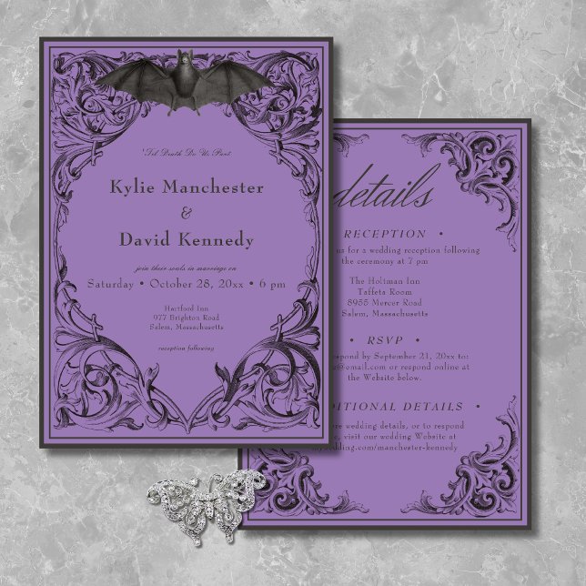 Victorian Bat Until Death Black & Purple Two Sided Invitation (Creator Uploaded)