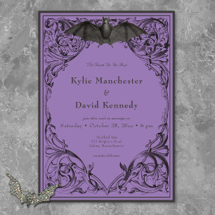 Victorian Bat Until Death Black & Purple Wedding Invitation