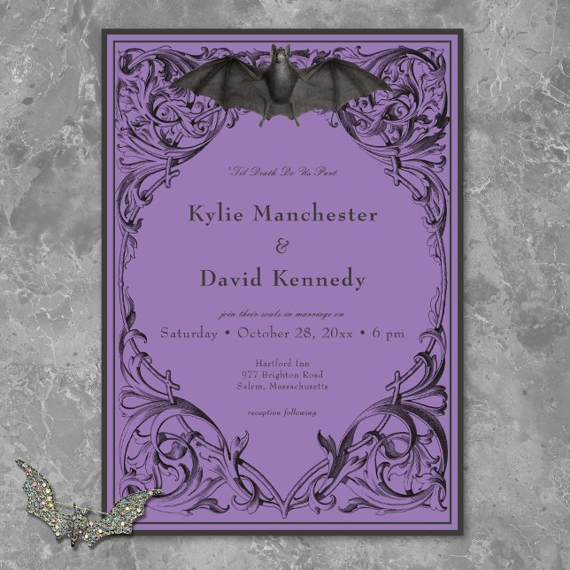 Victorian Bat Until Death Black & Purple Wedding Invitation (Victorian Bat Until Death Black & Purple Wedding Invitation)