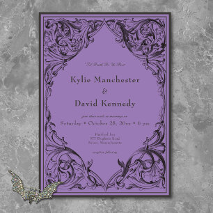 Victorian Bat Until Death Black & Purple Wedding Invitation