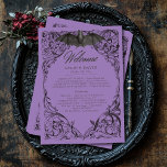 Victorian Bat Until Death Black & Purple Wedding Program<br><div class="desc">Elevate your gothic wedding with a Victorian-inspired wedding program that exudes timeless elegance and mystery. Designed to resemble an antique book binding, this stunning design features intricate a black and purple lacey filigree, evoking the charm of a bygone era. A bat with its wings spread, sits at the pinnacle of...</div>