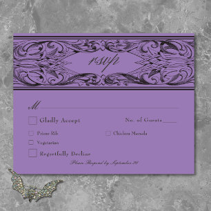 Victorian Bat Until Death Black & Purple Wedding RSVP Card