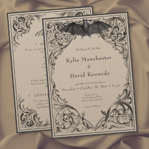Victorian Bat Until Death Black & Tan Two Sided Invitation