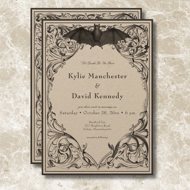 Victorian Bat Until Death Black & Tan Wedding Invitation (Victorian Bat Until Death Black & Tan Wedding Invitation)