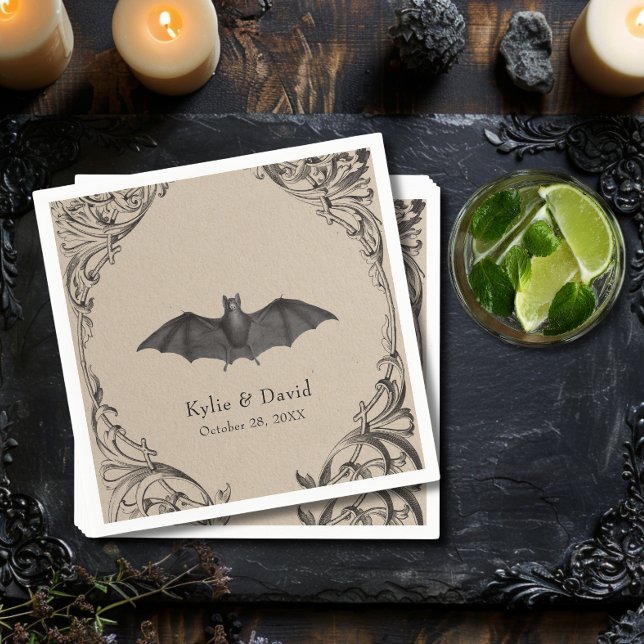 Victorian Bat Until Death Black & Tan Wedding Napkin (Victorian Bat Until Death Black & Tan Wedding Napkin)